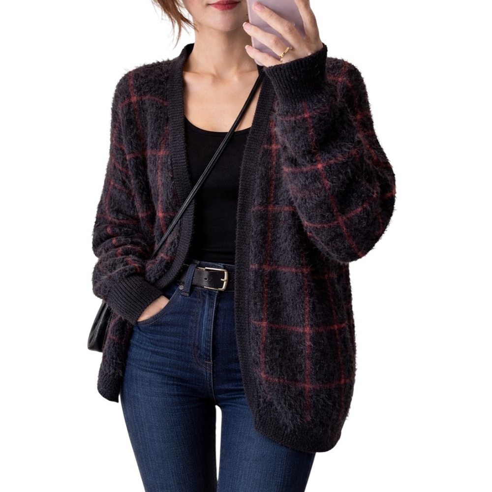 Fuzzy Plaid Grunge Cardigan Indie Mohair Style Sweater Women's Medium NWT